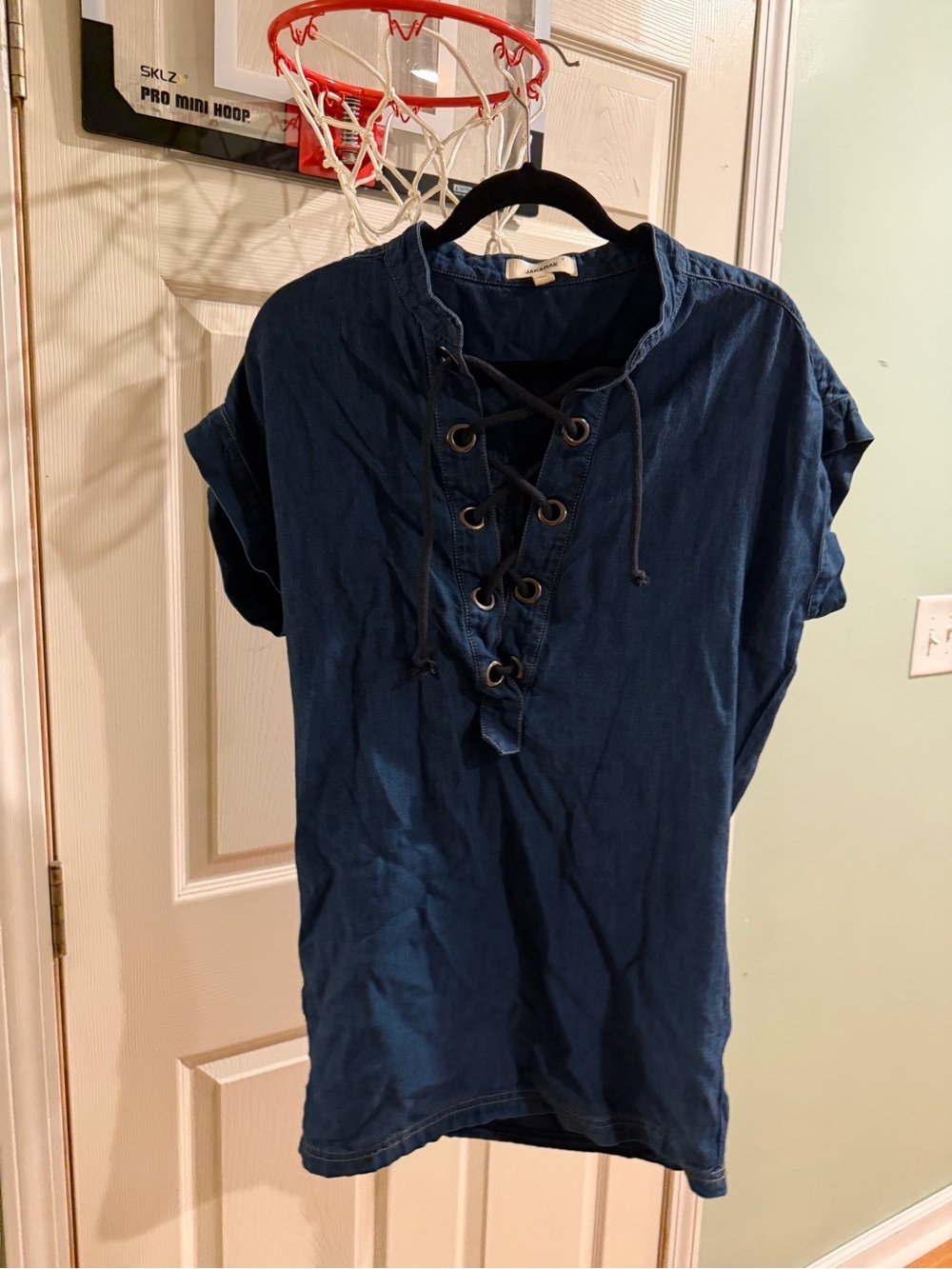 Navy Lace-Up Short Sleeve Shirt Dress